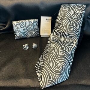NWT- Elegant Silk Black and Silver Swirl Tie Set